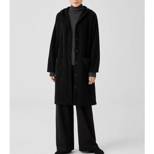 Eileen Fisher Boucle Wool Knit Hooded Jacket Black Long Cardigan Sweater Coat XL